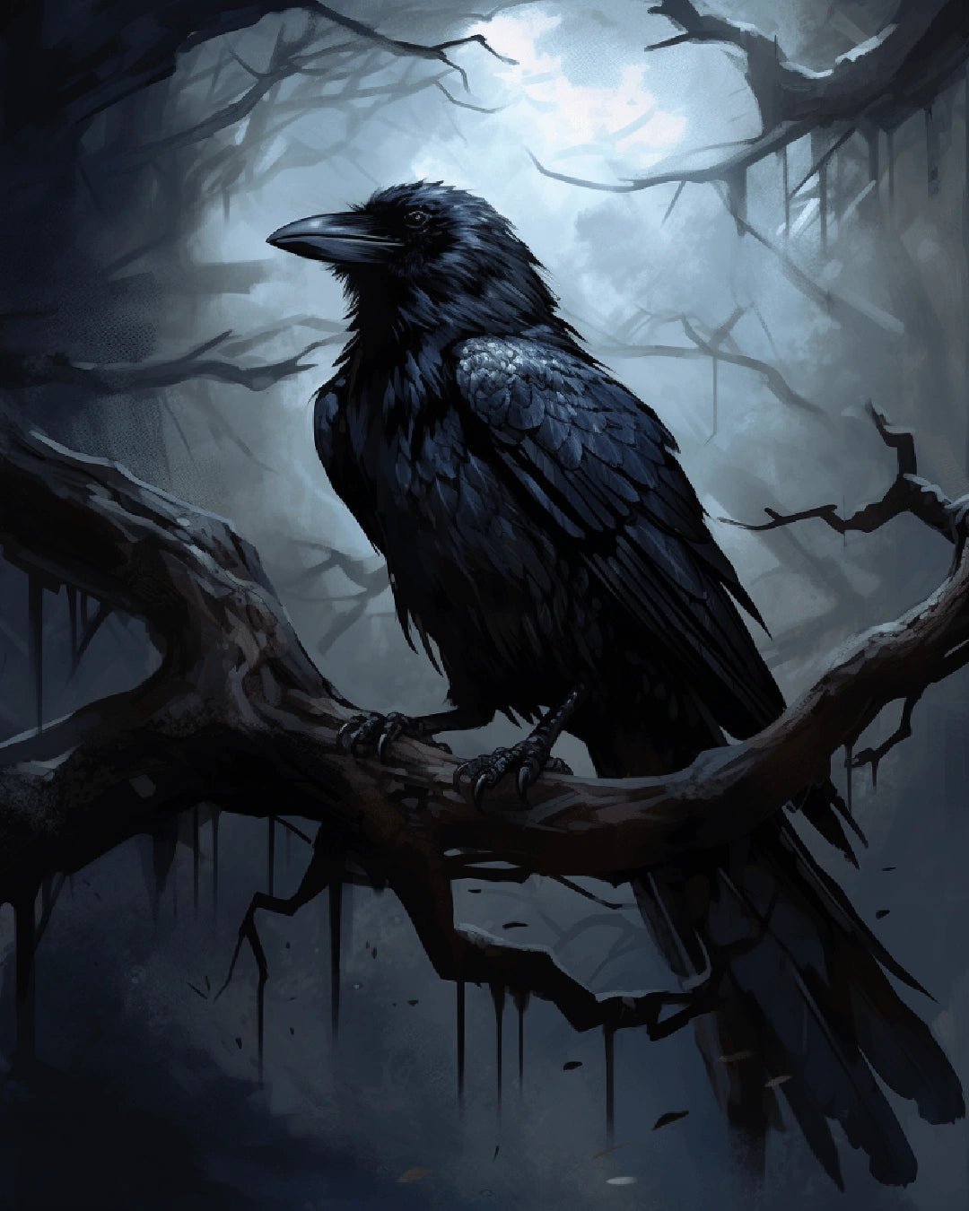Bird paint by numbers kit canvas painting showing a black raven perched on twisted branches