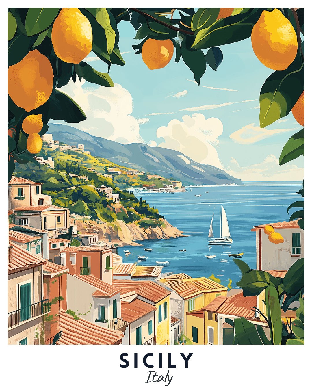 Sicily Italy paint by numbers canvas showing Mediterranean coastline, lemon branches, sailboats, and seaside homes
