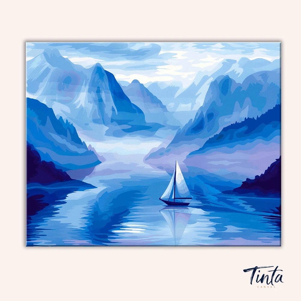 Clean artwork of the Silent Blue Passage paint by numbers kit featuring a sailboat drifting through misty blue mountain fjords by Tinta Canvas