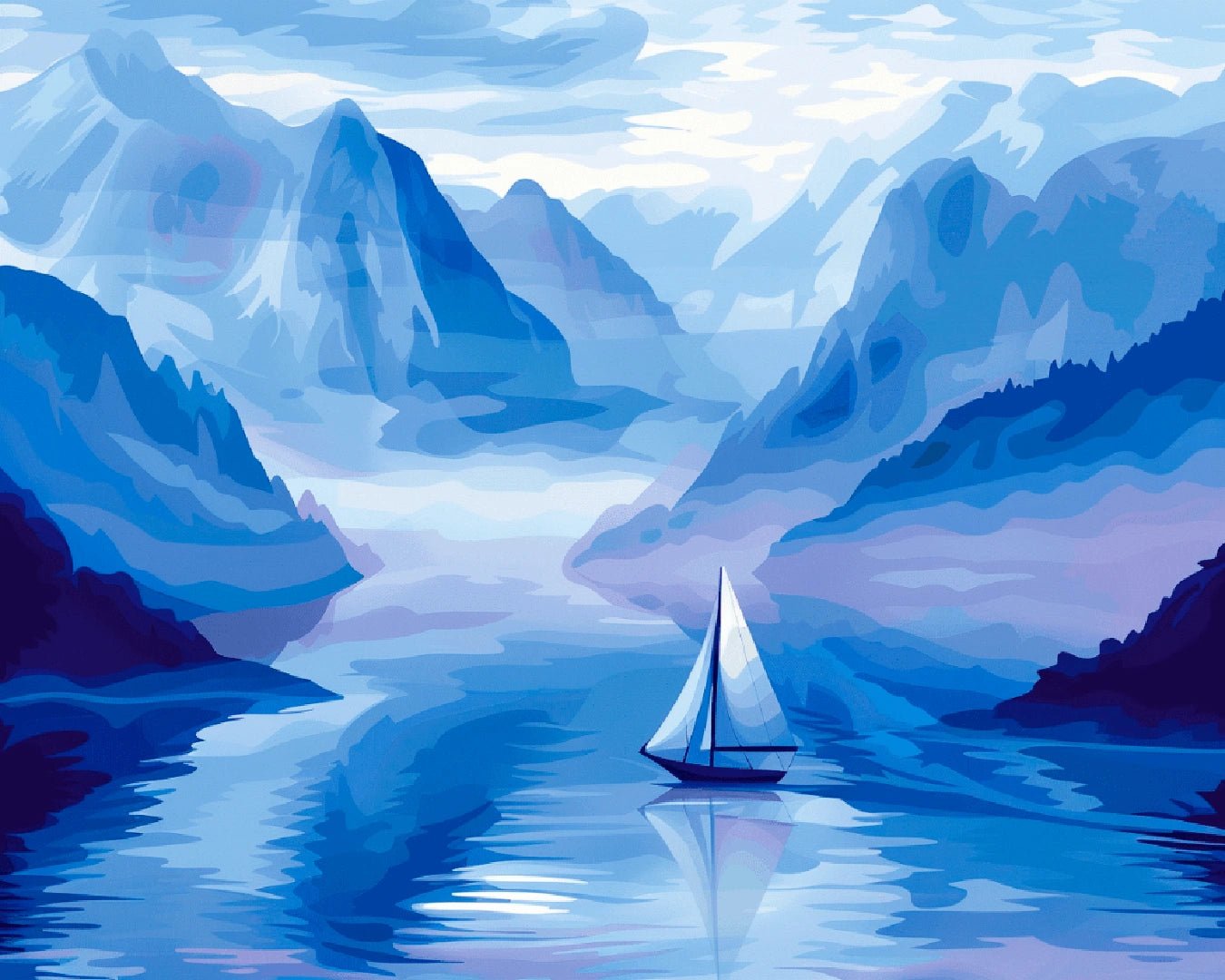 Raw landscape artwork from the Silent Blue Passage paint by numbers kit showing calm water between misty mountains by Tinta Canvas