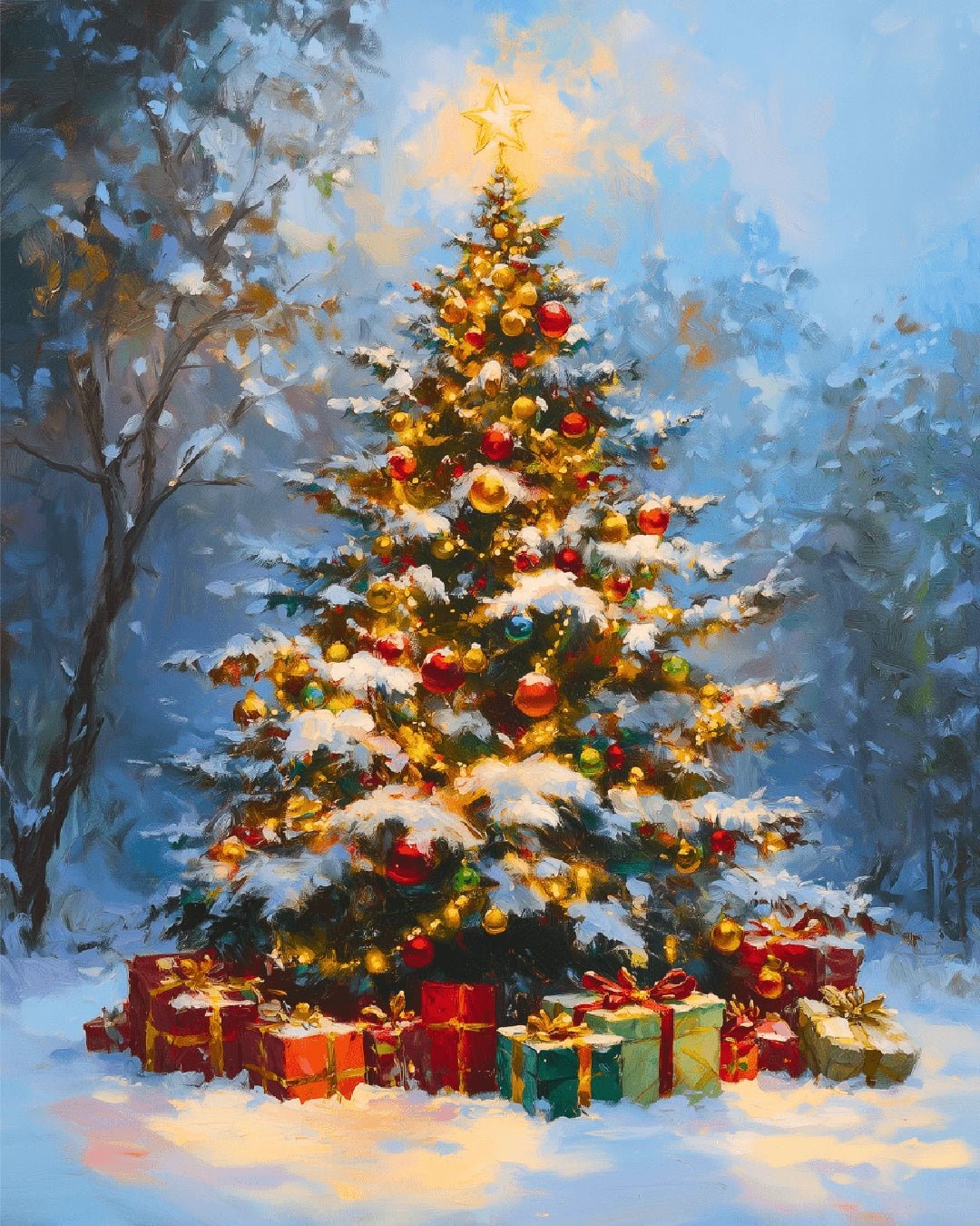 Paint by numbers canvas showing a decorated Christmas tree illuminated with lights and surrounded by snow-covered gifts