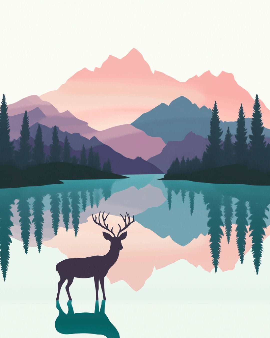 Paint by numbers canvas featuring a deer silhouette reflected in a calm lake with mountains and forest