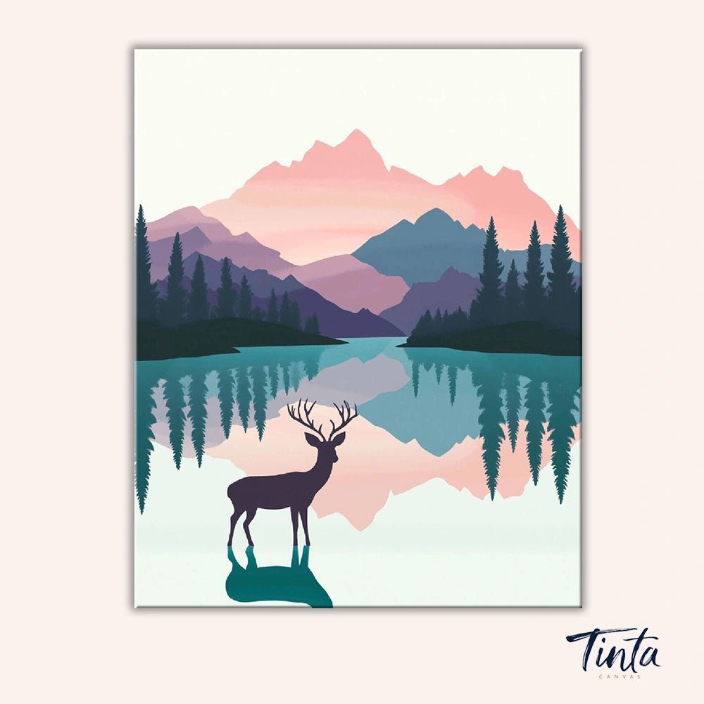 Clean artwork of Silent Lake Guardian paint by numbers kit showing stag silhouette and pastel mountain landscape reflected in calm lake by Tinta Canvas