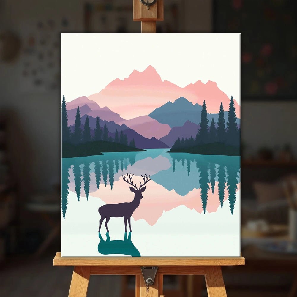 Silent Lake Guardian paint by numbers kit displayed on easel in cozy modern interior by Tinta Canvas