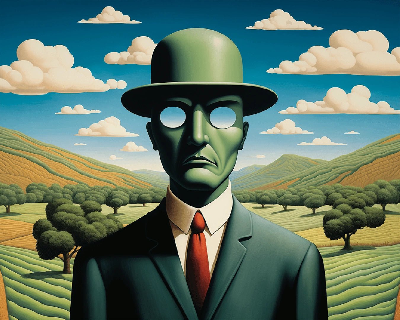 Modern paint by numbers kit canvas painting showing a faceless man in a suit against a countryside landscape
