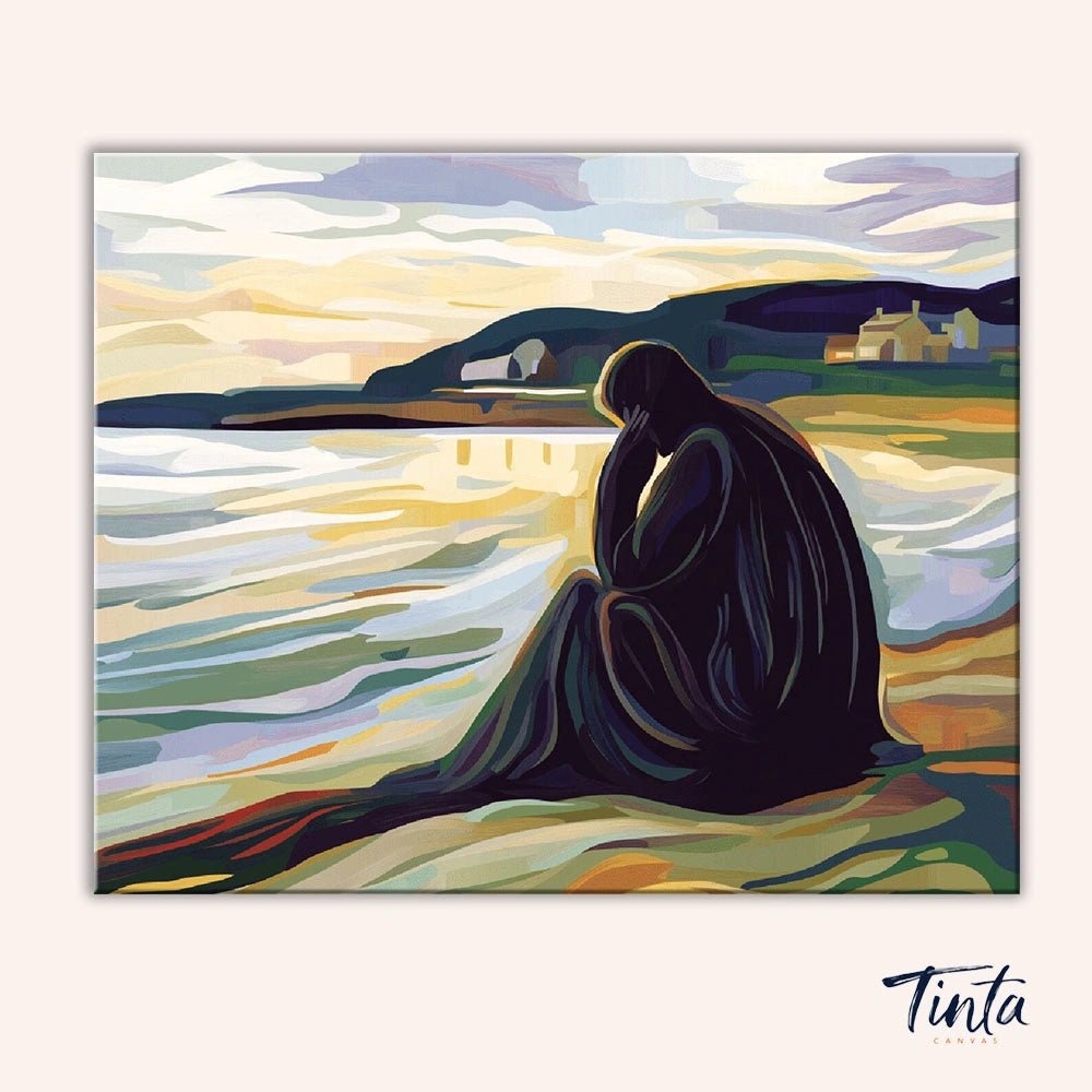 Clean artwork of the Silent Shore paint by numbers kit featuring a solitary figure sitting by the shoreline at sunset by Tinta Canvas