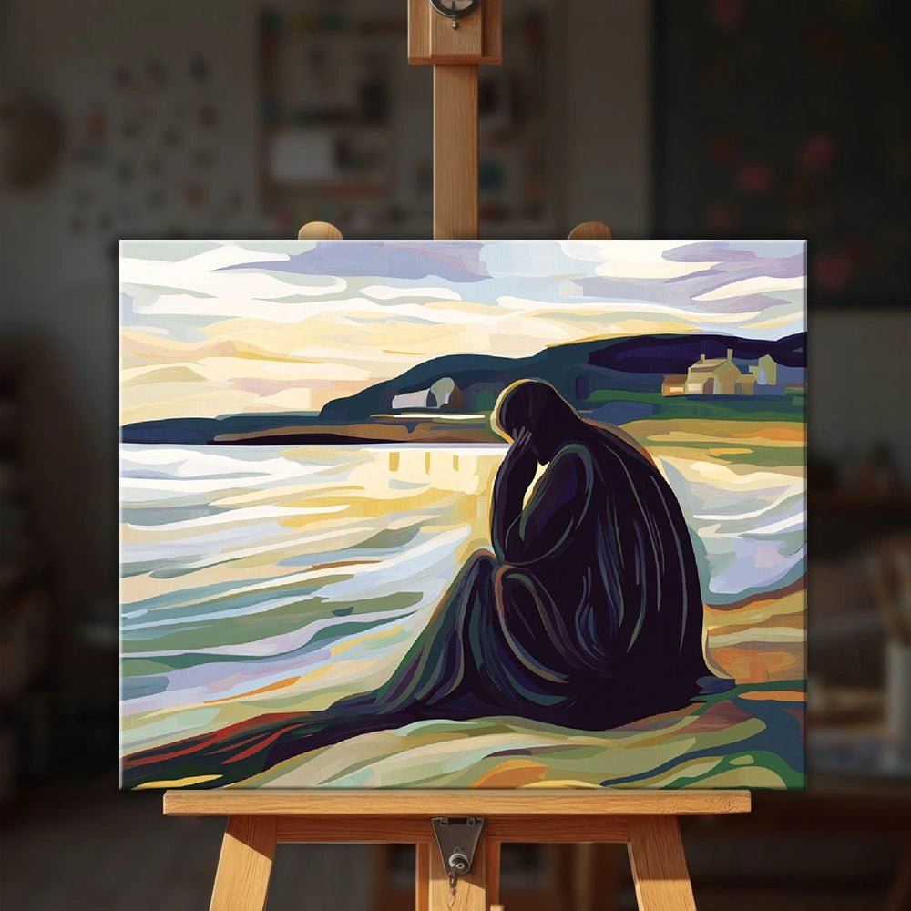 Silent Shore paint by numbers kit displayed on an easel showing peaceful beach scene with reflective water and evening sky by Tinta Canvas