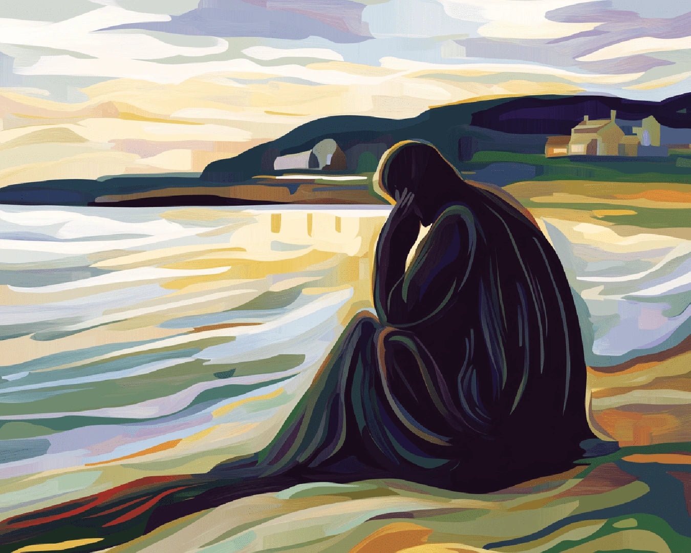 Raw landscape artwork from the Silent Shore paint by numbers kit showing a quiet beach with gentle waves and distant hills by Tinta Canvas