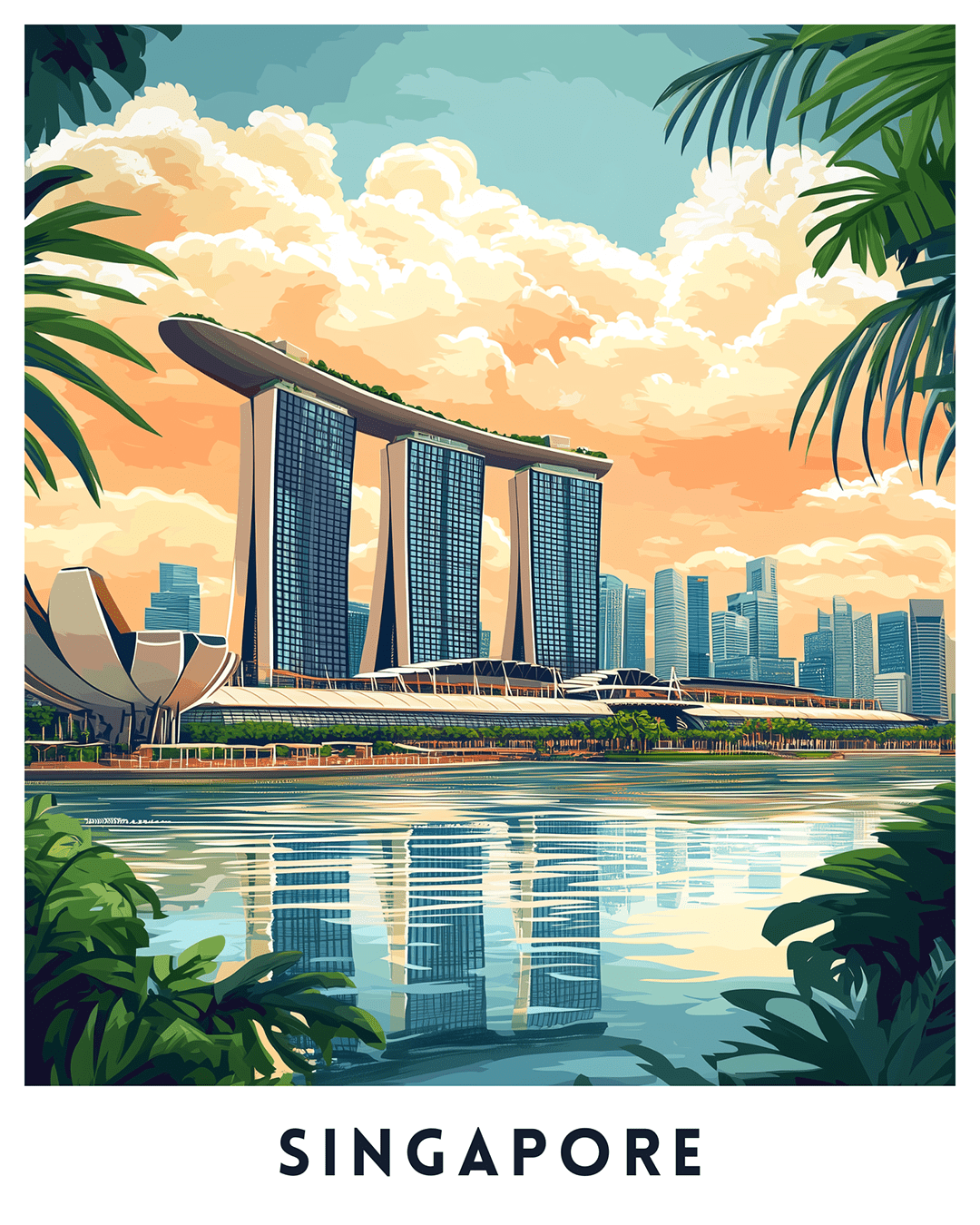 Singapore paint by numbers canvas showing Marina Bay skyline, waterfront reflections, palm leaves, and sunset sky