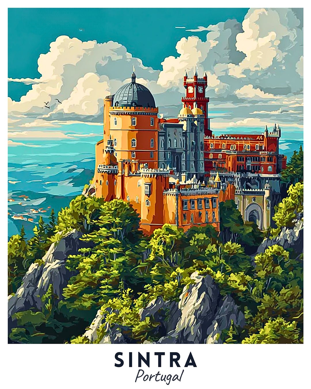 Sintra travel poster paint by numbers kit featuring a hilltop castle in Portugal