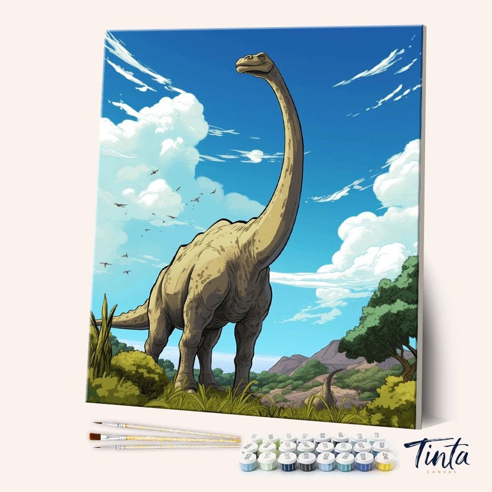 Sky Giant Explorer paint by numbers kit angled view showing long-neck dinosaur in lush landscape under bright sky
