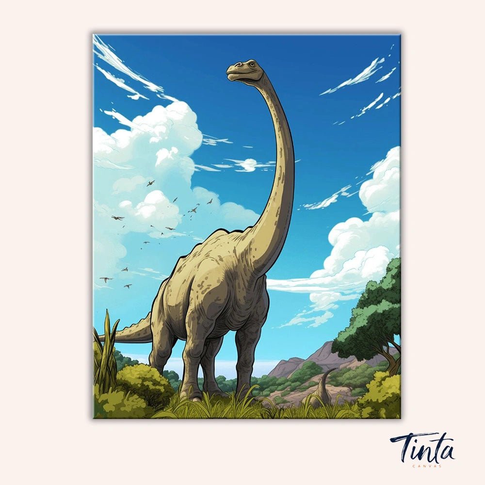 Clean artwork of Sky Giant Explorer paint by numbers kit featuring large dinosaur, clouds, and natural scenery