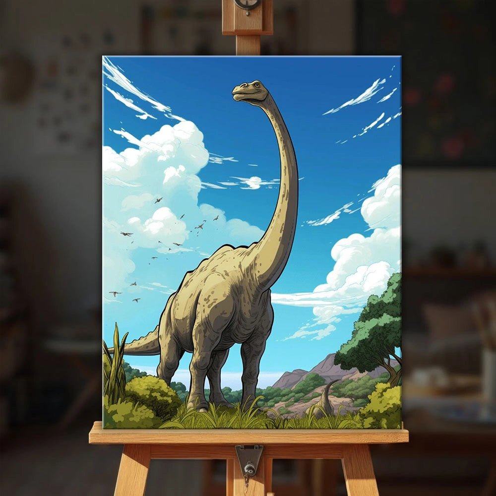 Sky Giant Explorer paint by numbers kit displayed on easel with prehistoric scene and towering dinosaur figure