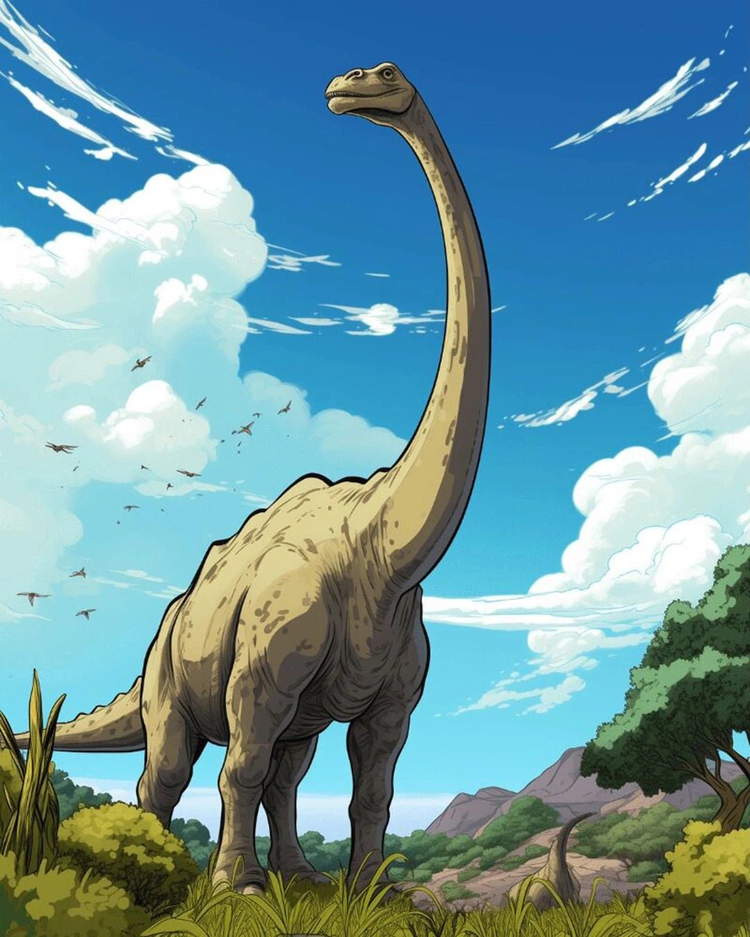 Raw landscape of Sky Giant Explorer paint by numbers kit showing dinosaur, hills, trees, and open sky