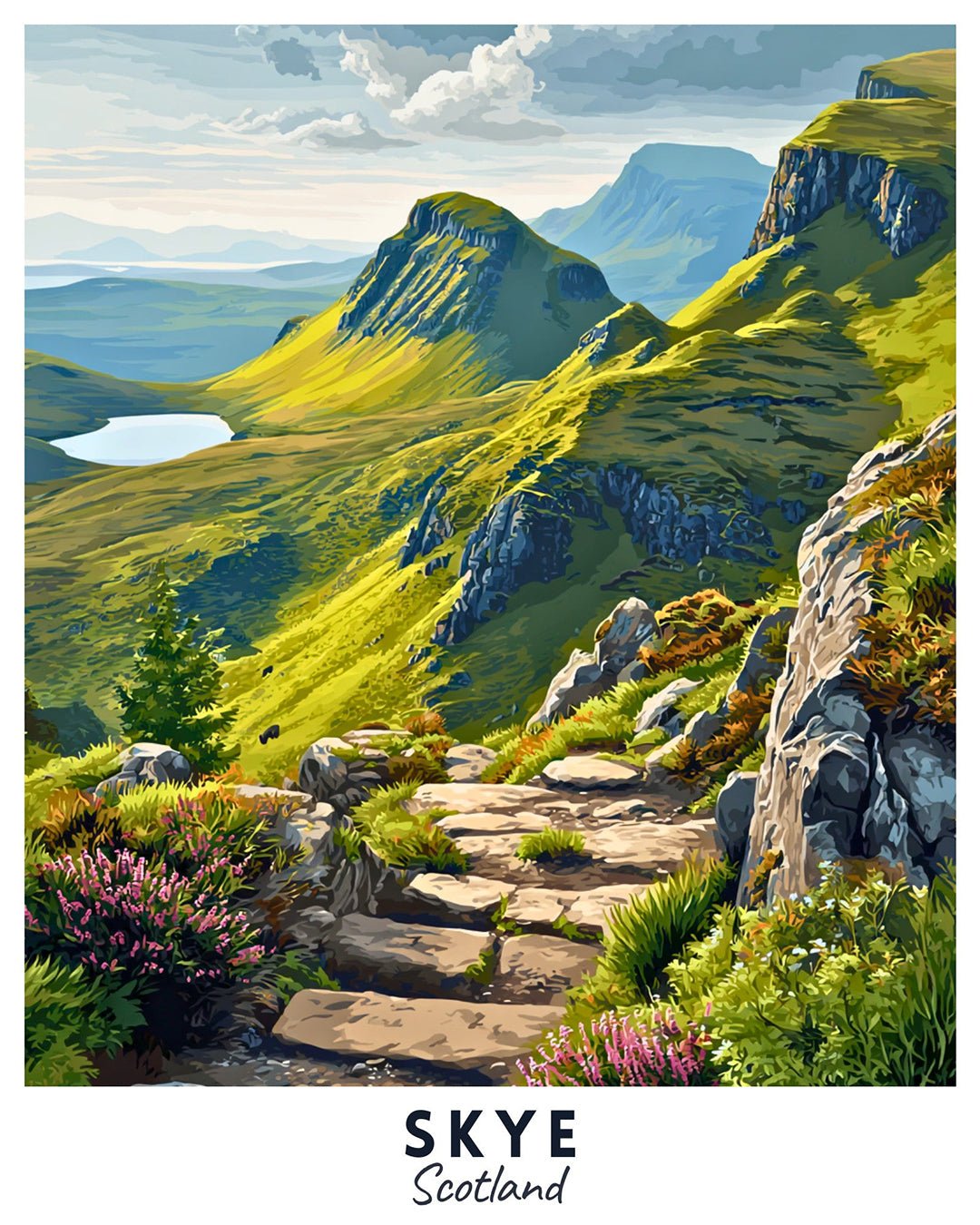 Isle of Skye paint by numbers canvas showing rolling hills, cliffs, stone pathway, and misty Scottish scenery