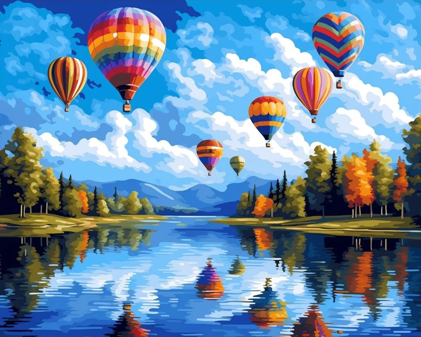 Paint by numbers canvas featuring hot air balloons over water with blue sky, trees, and mirror-like reflections
