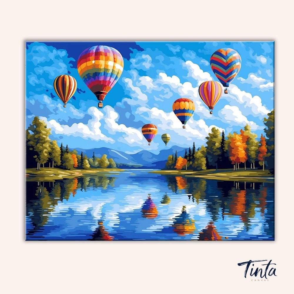 Clean artwork of Skyward Reflections paint by numbers kit showing balloons and colorful sky by Tinta Canvas