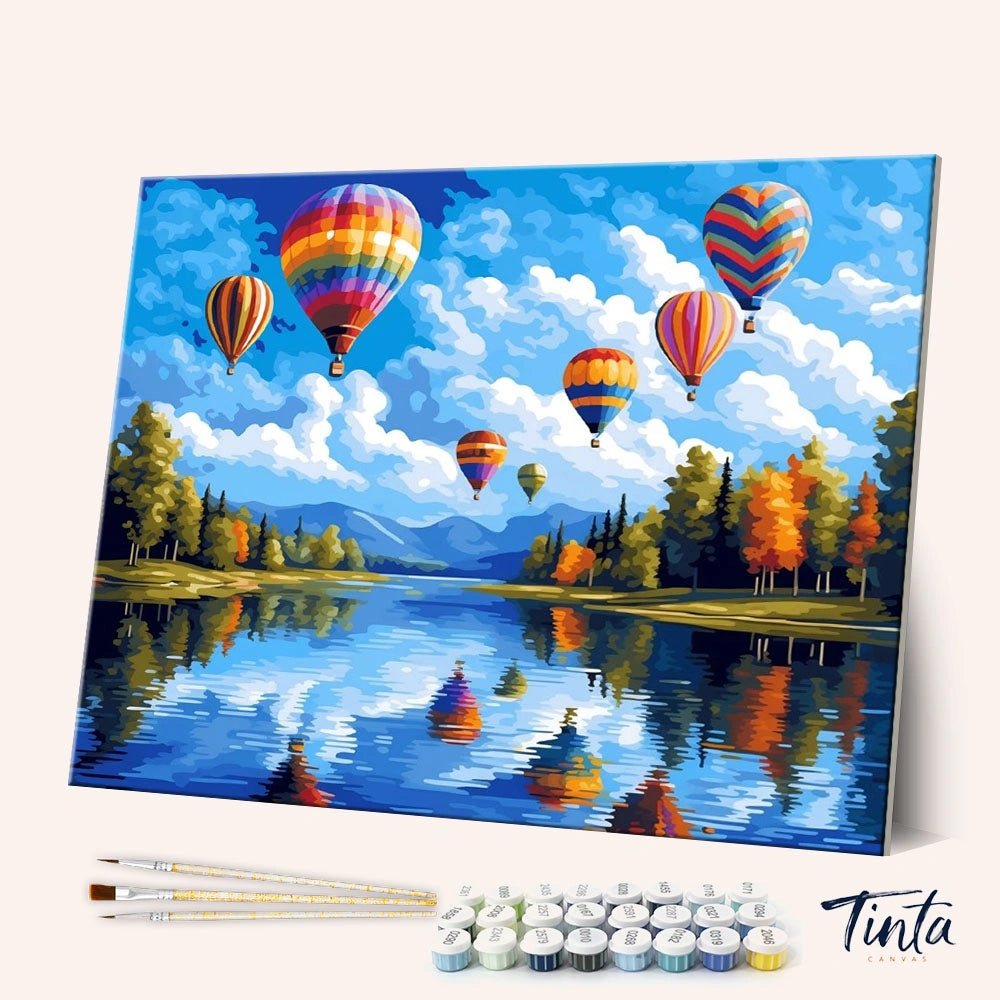 Angled view of Skyward Reflections paint by numbers kit with hot air balloons over lake by Tinta Canvas