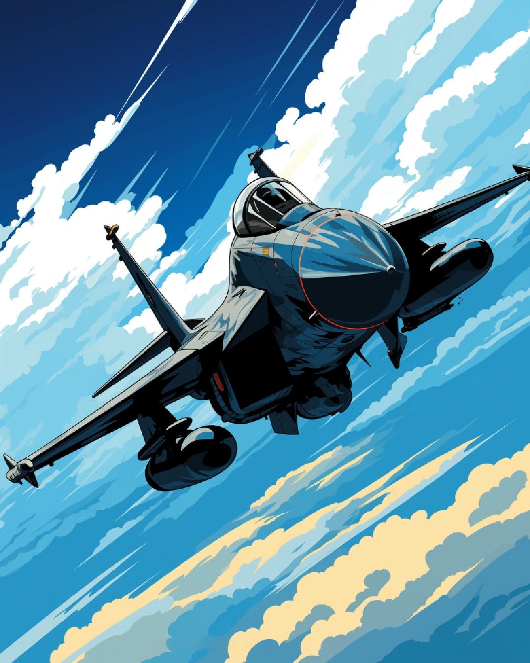 Paint by numbers canvas featuring a modern fighter jet soaring through clouds at high speed