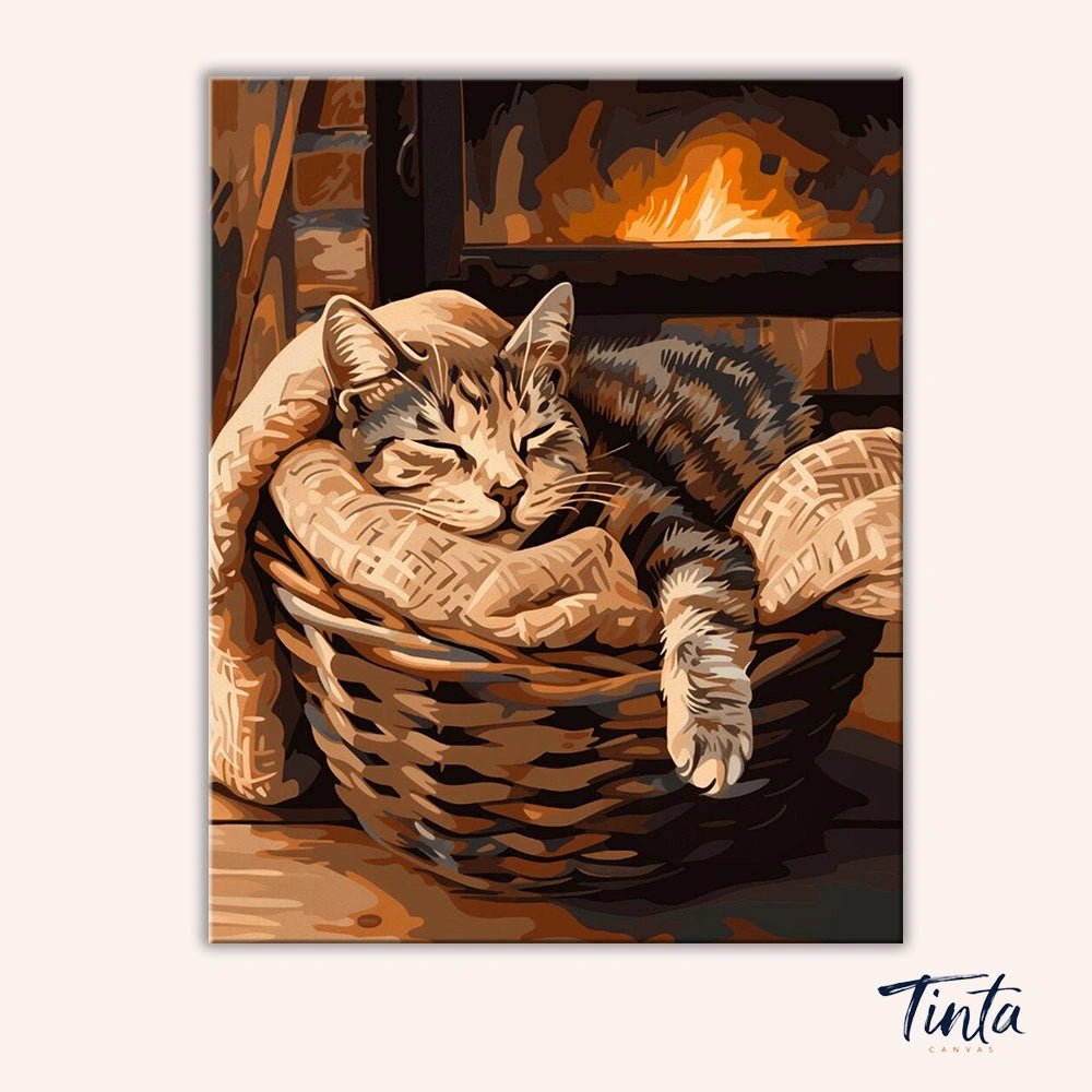 Clean artwork of Sleeping Cat paint by numbers kit featuring peaceful cat curled in basket with soft blankets