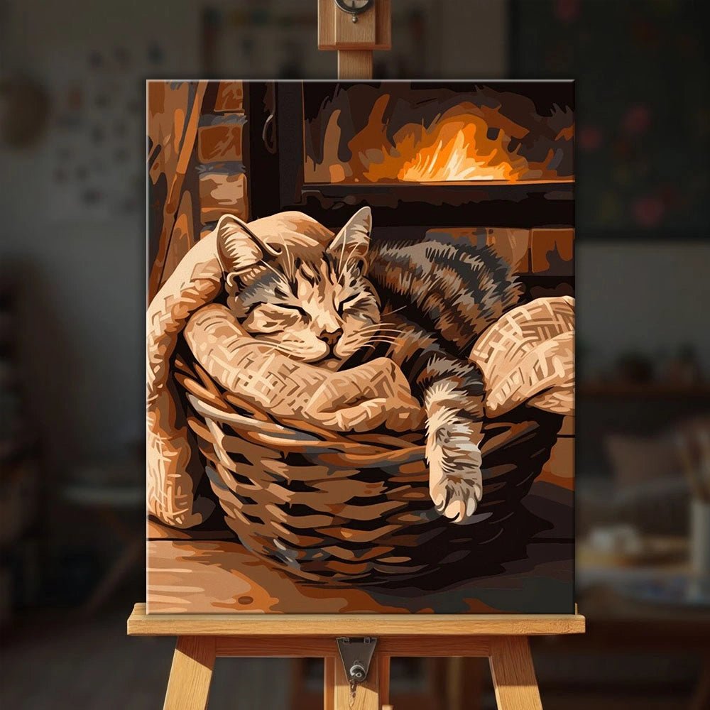 Sleeping Cat paint by numbers kit displayed on easel with warm indoor scene and relaxing atmosphere