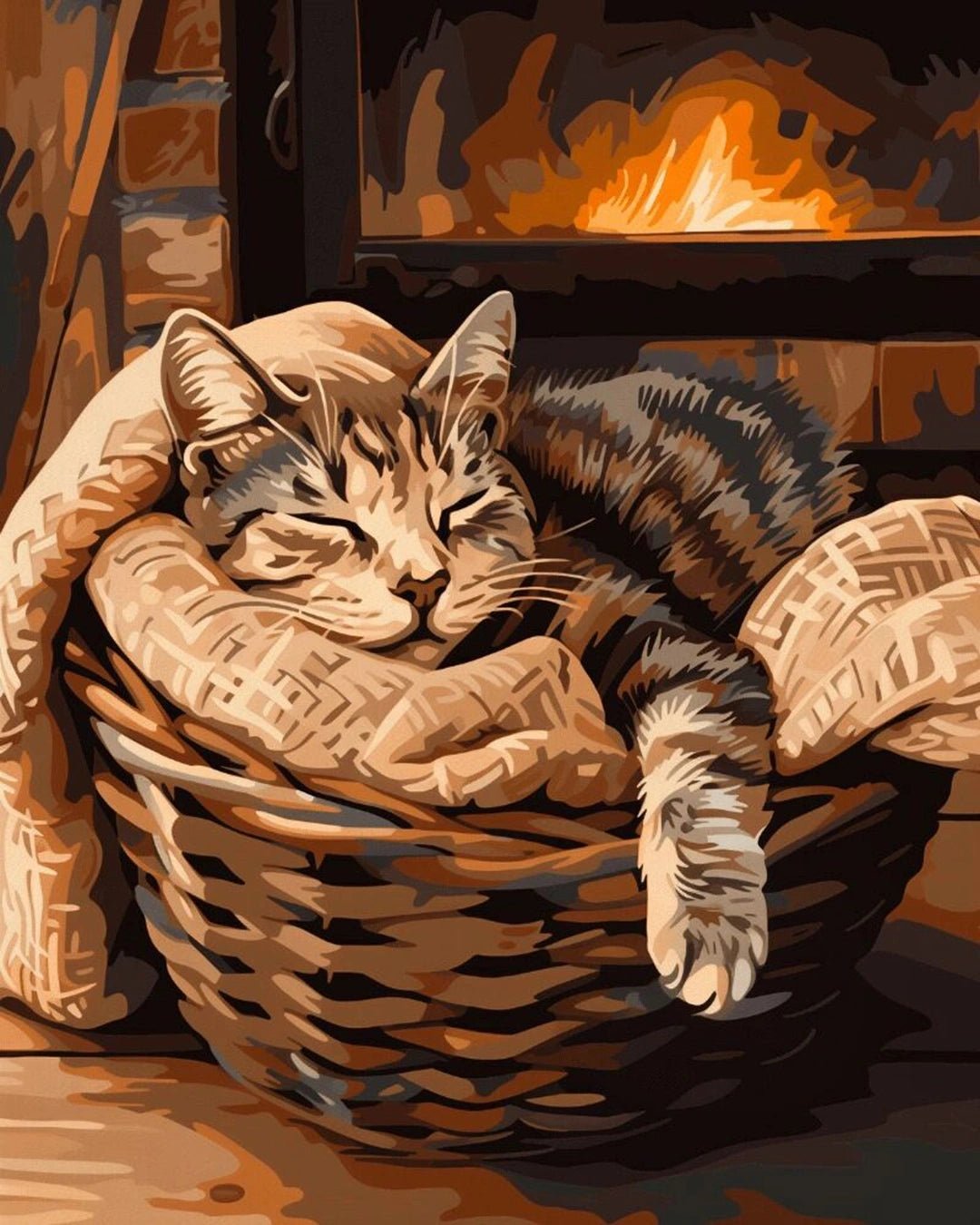 Raw landscape of Sleeping Cat paint by numbers kit showing cat sleeping in basket near fireplace by Tinta Canvas


