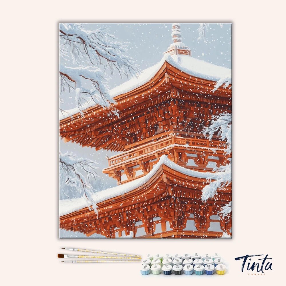 Clean artwork of Snow Kissed Pagoda paint by numbers kit featuring detailed wooden structure and winter scene
