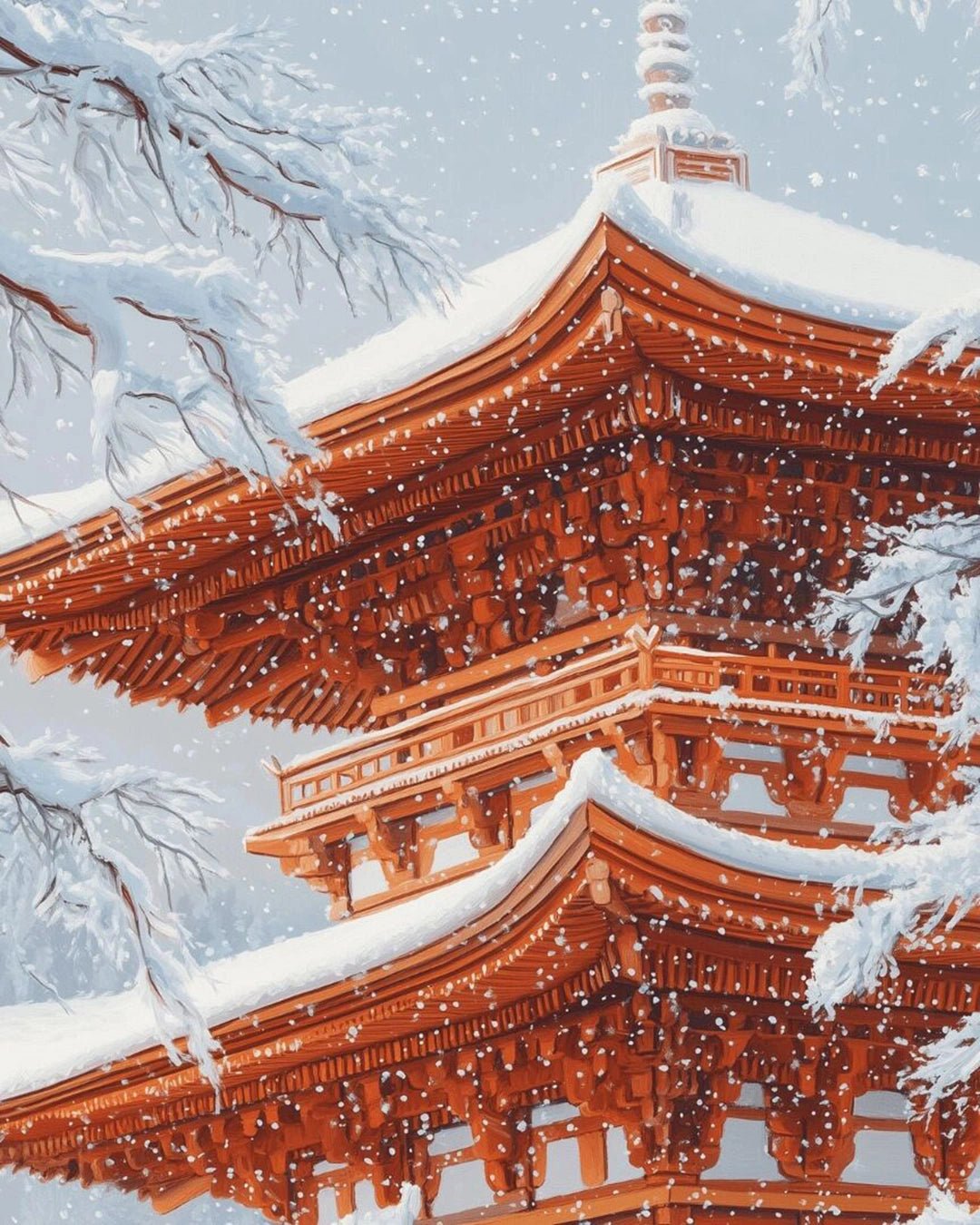 Raw landscape of Snow Kissed Pagoda paint by numbers kit showing layered rooftops, snowfall, and intricate details