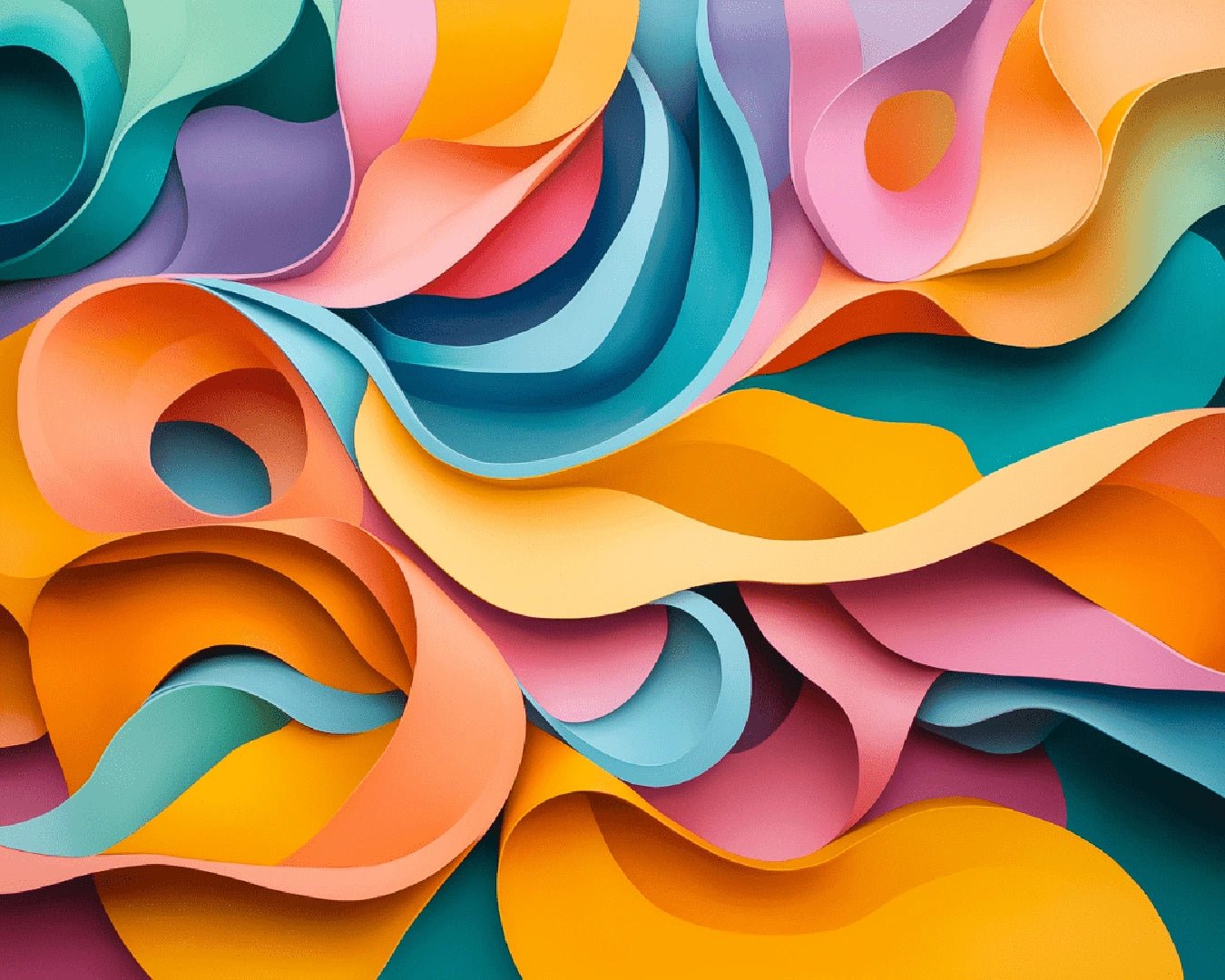 Canvas abstract paint by numbers kit for adults showing smooth layered curves in teal, peach, yellow, and lavender tones by Tinta Canvas