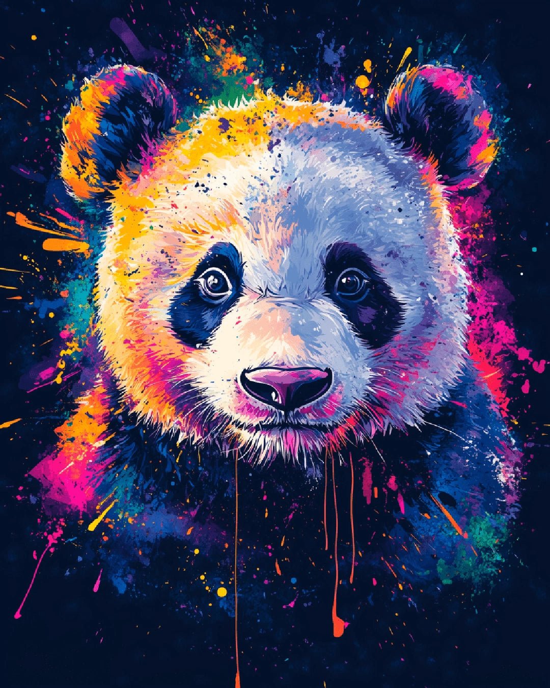 Pop art paint by numbers kit canvas painting showing a panda portrait with bright paint splashes and bold colors