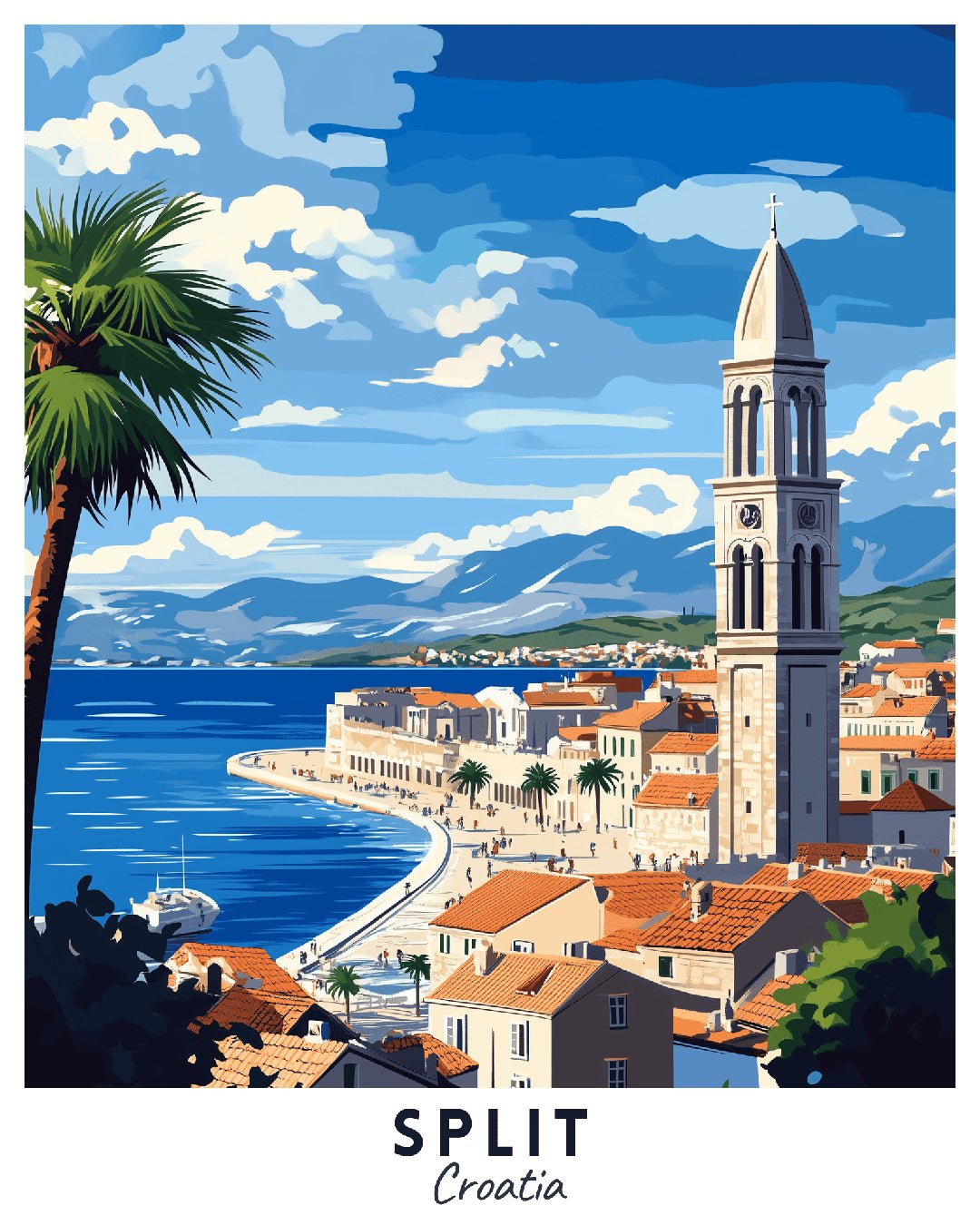 Split paint by numbers canvas showing coastal promenade, blue sea, historic old town rooftops, and Mediterranean scenery