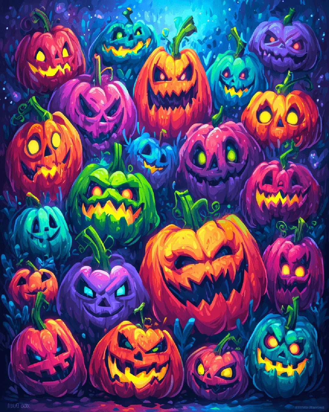 Autumn pumpkin paint by numbers kit canvas painting with vibrant pumpkins in a playful spooky scene