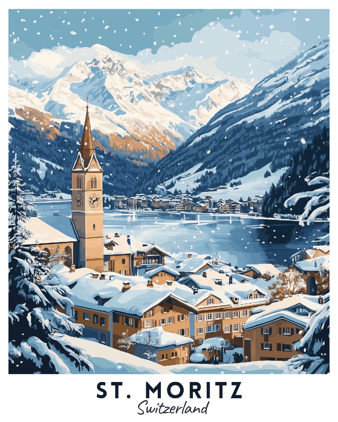 St. Moritz paint by numbers canvas showing snow-covered chalets, frozen lake, Swiss Alps, and winter landscape