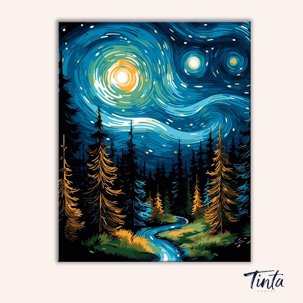 Clean artwork of the Starflow Forest paint by numbers kit featuring a flowing night sky over tall forest trees by Tinta Canvas