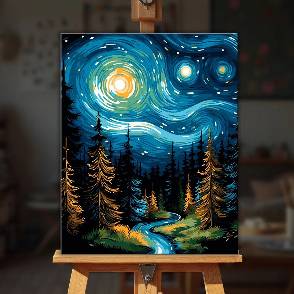 Starflow Forest paint by numbers kit displayed on an easel showing a magical starry sky above a winding forest stream by Tinta Canvas