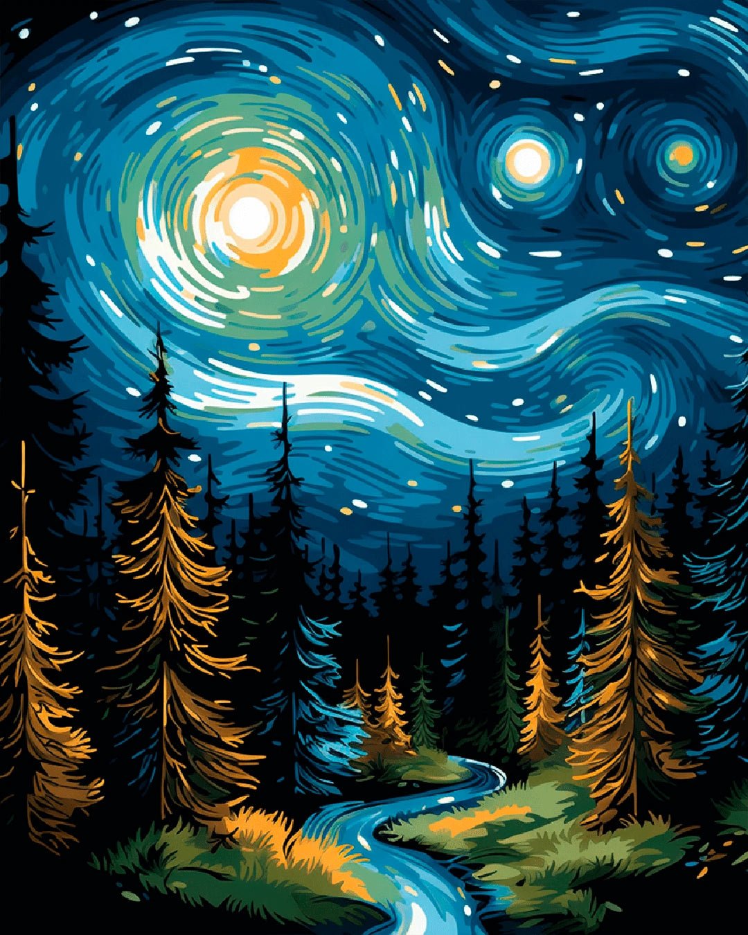 Raw artwork from the Starflow Forest paint by numbers kit showing swirling starlight above a tranquil forest landscape by Tinta Canvas