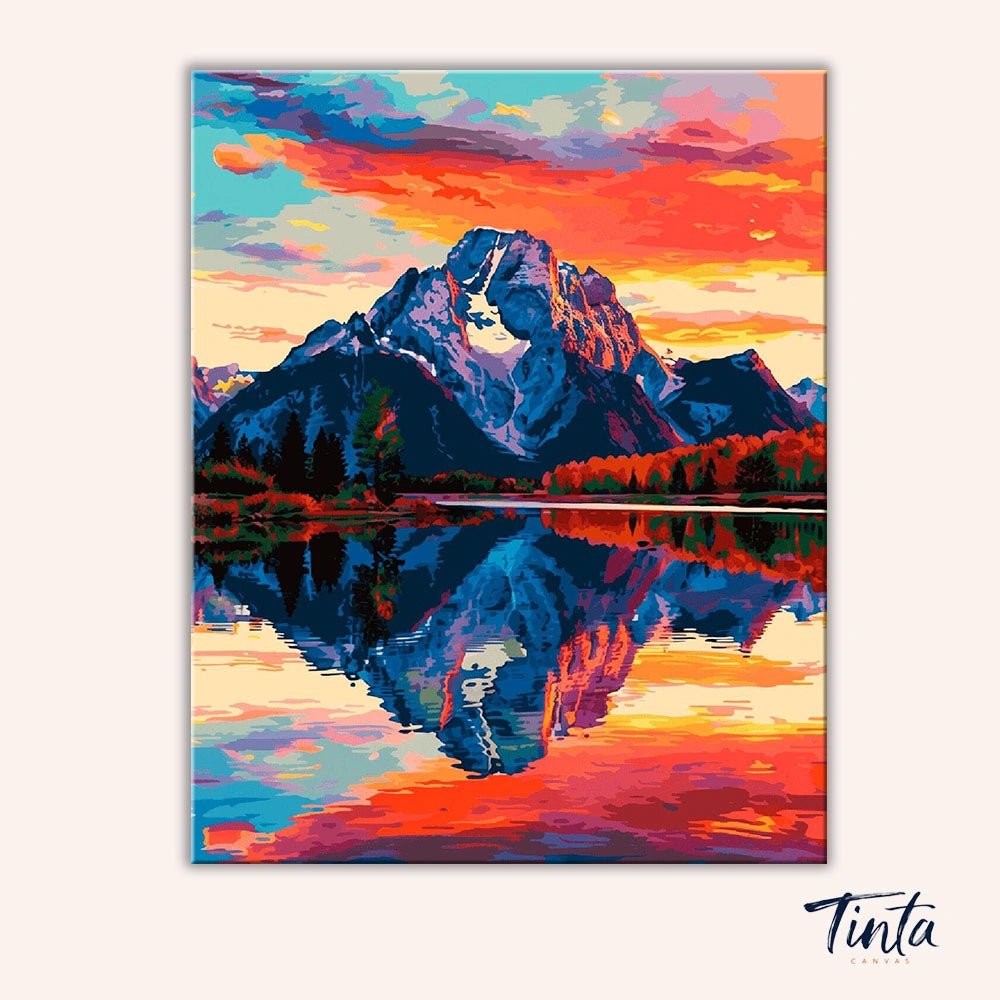 Full artwork of Still as the Mountain paint by numbers kit featuring colorful sky and mirrored lake by Tinta Canvas