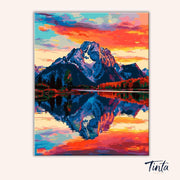 Full artwork of Still as the Mountain paint by numbers kit featuring colorful sky and mirrored lake by Tinta Canvas