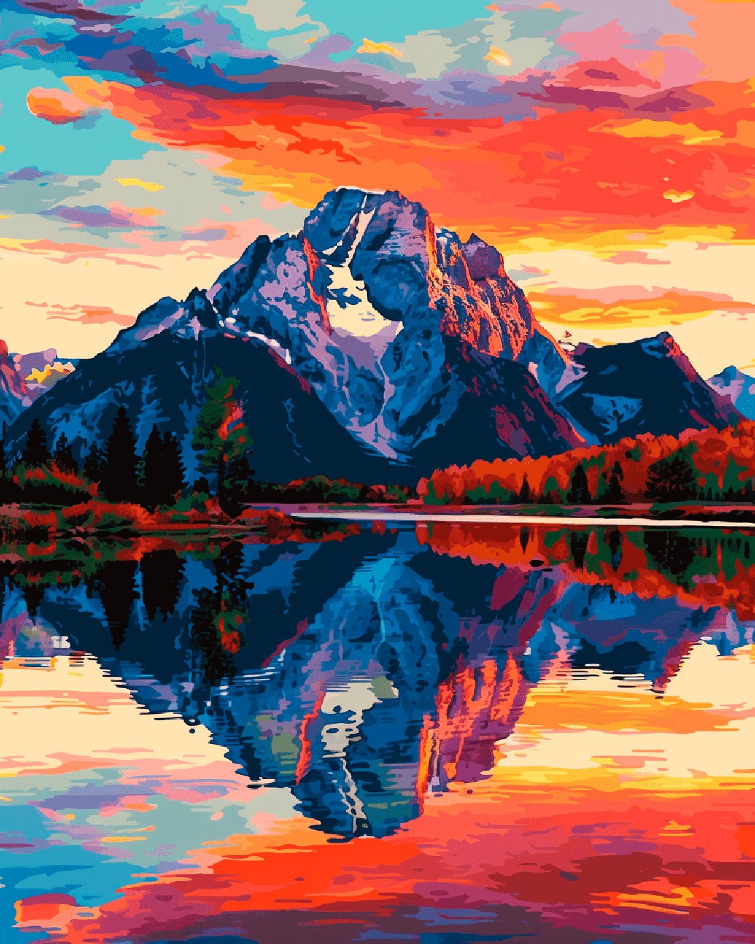 Still as the Mountain paint by numbers kit showing a vivid mountain landscape with sunset colors and mirror reflection