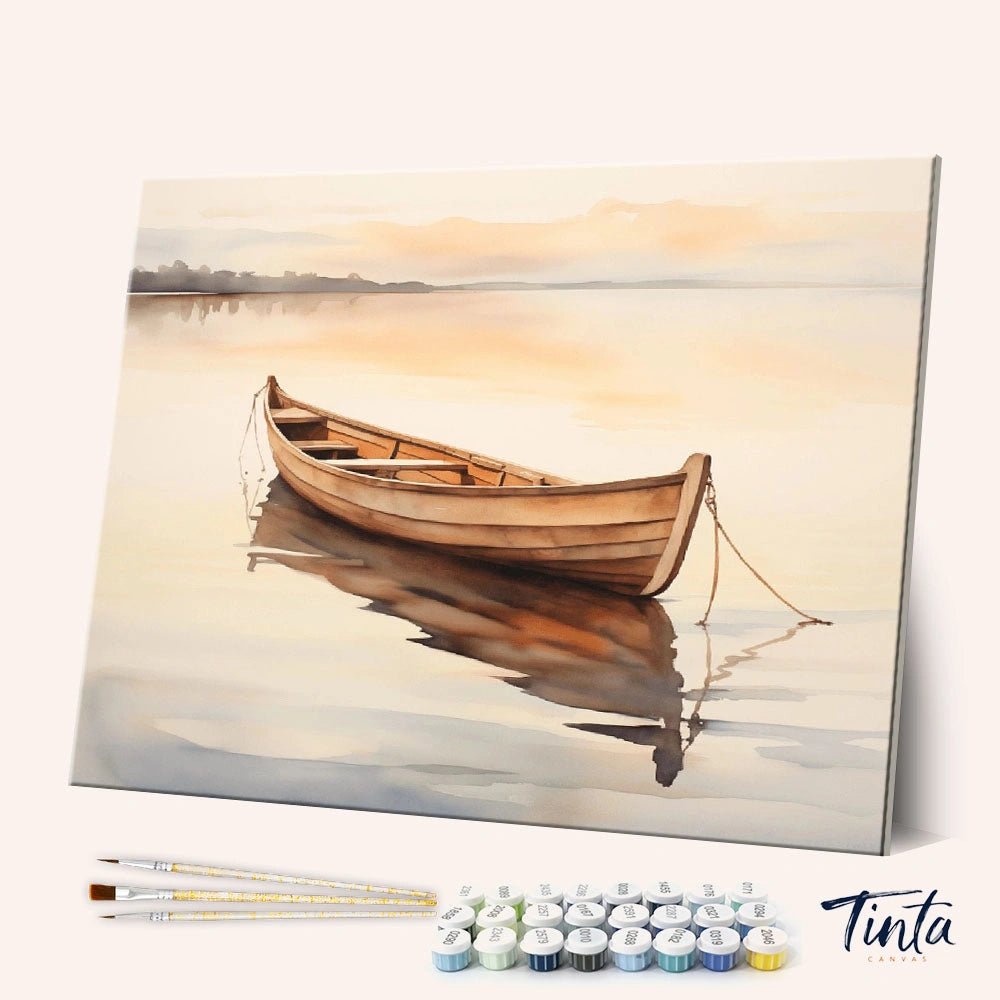 Still Water Drift paint by numbers kit showing a wooden rowboat floating on calm reflective water at sunrise by Tinta Canvas