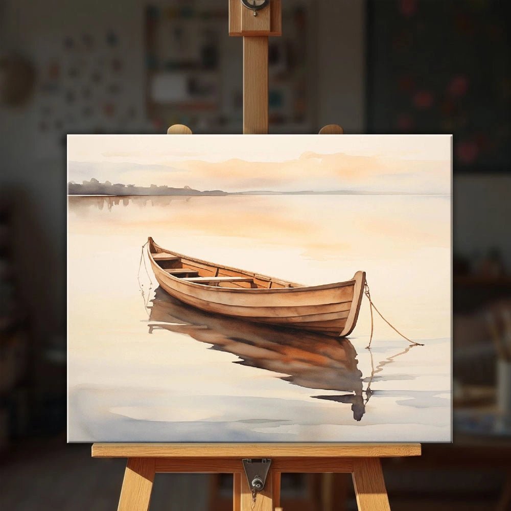 Still Water Drift paint by numbers kit displayed on an easel showing a peaceful boat scene over still reflective water by Tinta Canvas