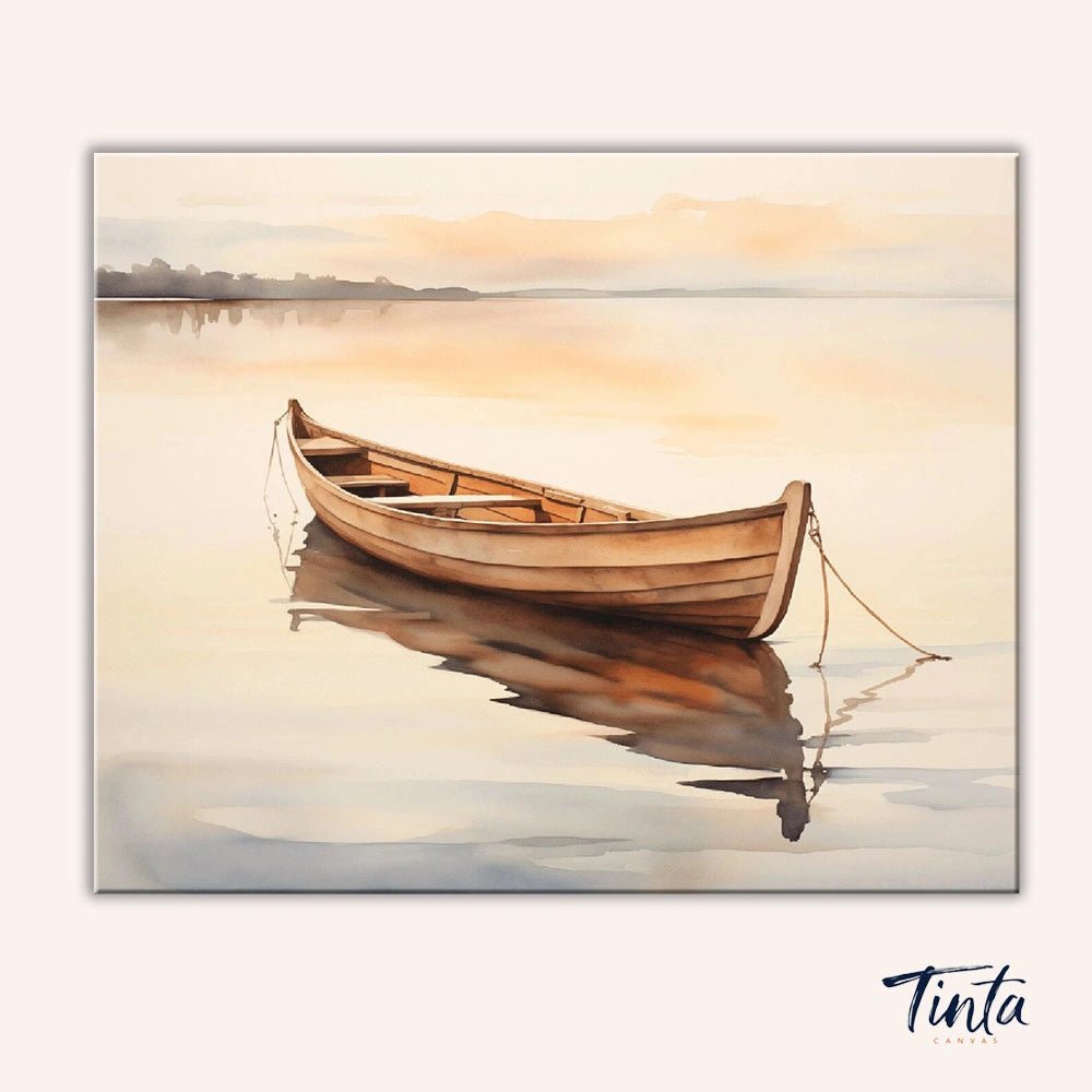 Still Water Drift paint by numbers kit artwork featuring a quiet wooden boat drifting across smooth golden water by Tinta Canvas