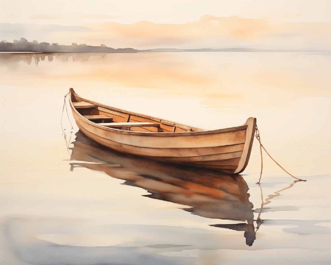 Still Water Drift paint by numbers kit landscape showing a lone wooden boat resting on a calm lake with soft horizon light by Tinta Canvas