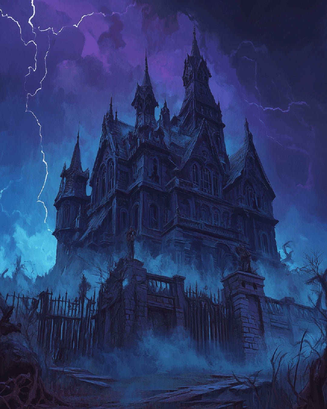 Paint by numbers kit painting for adults featuring a dark fantasy castle painting under a stormy night sky