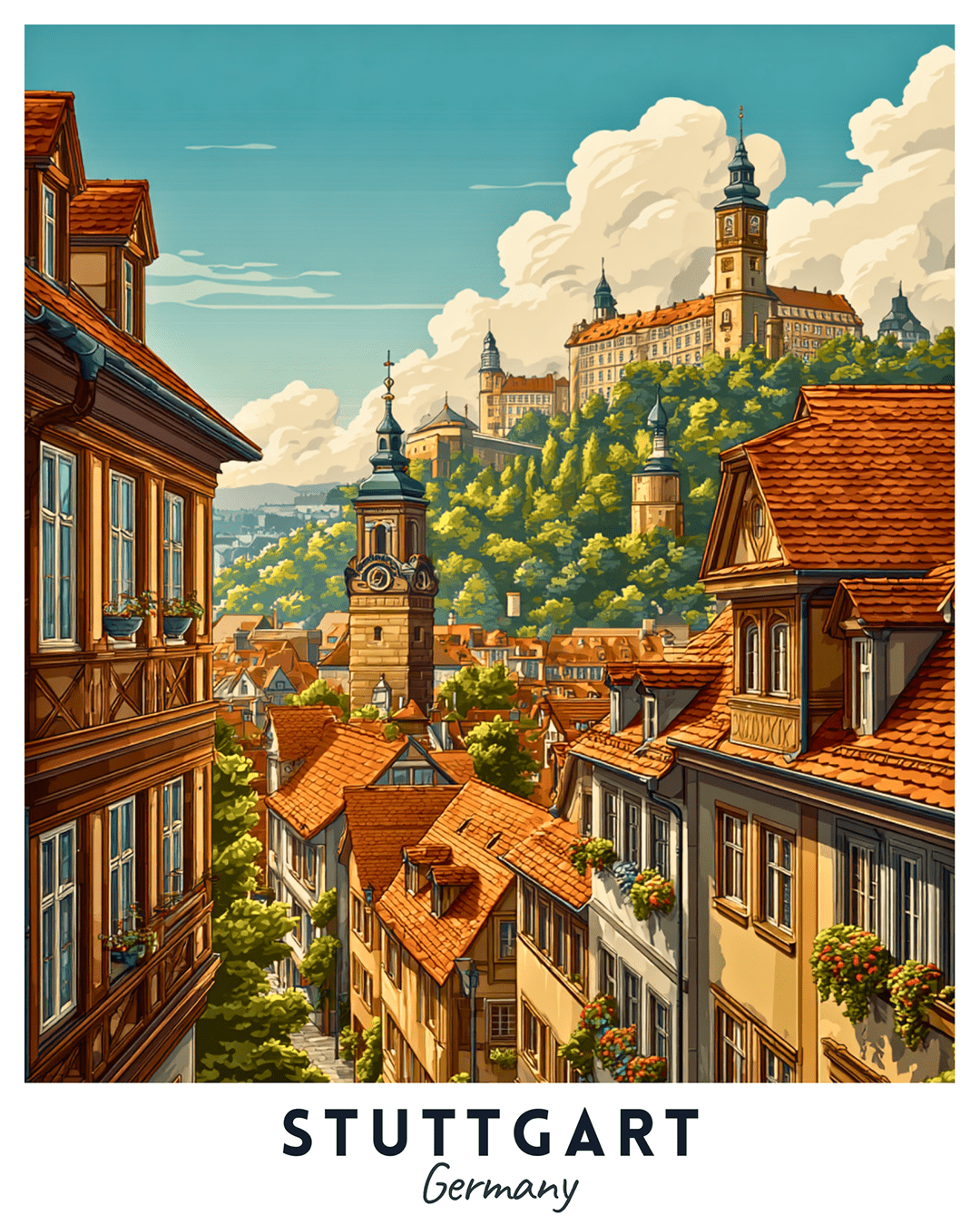 Stuttgart paint by numbers canvas featuring traditional German houses, terracotta roofs, church towers, and scenic hills