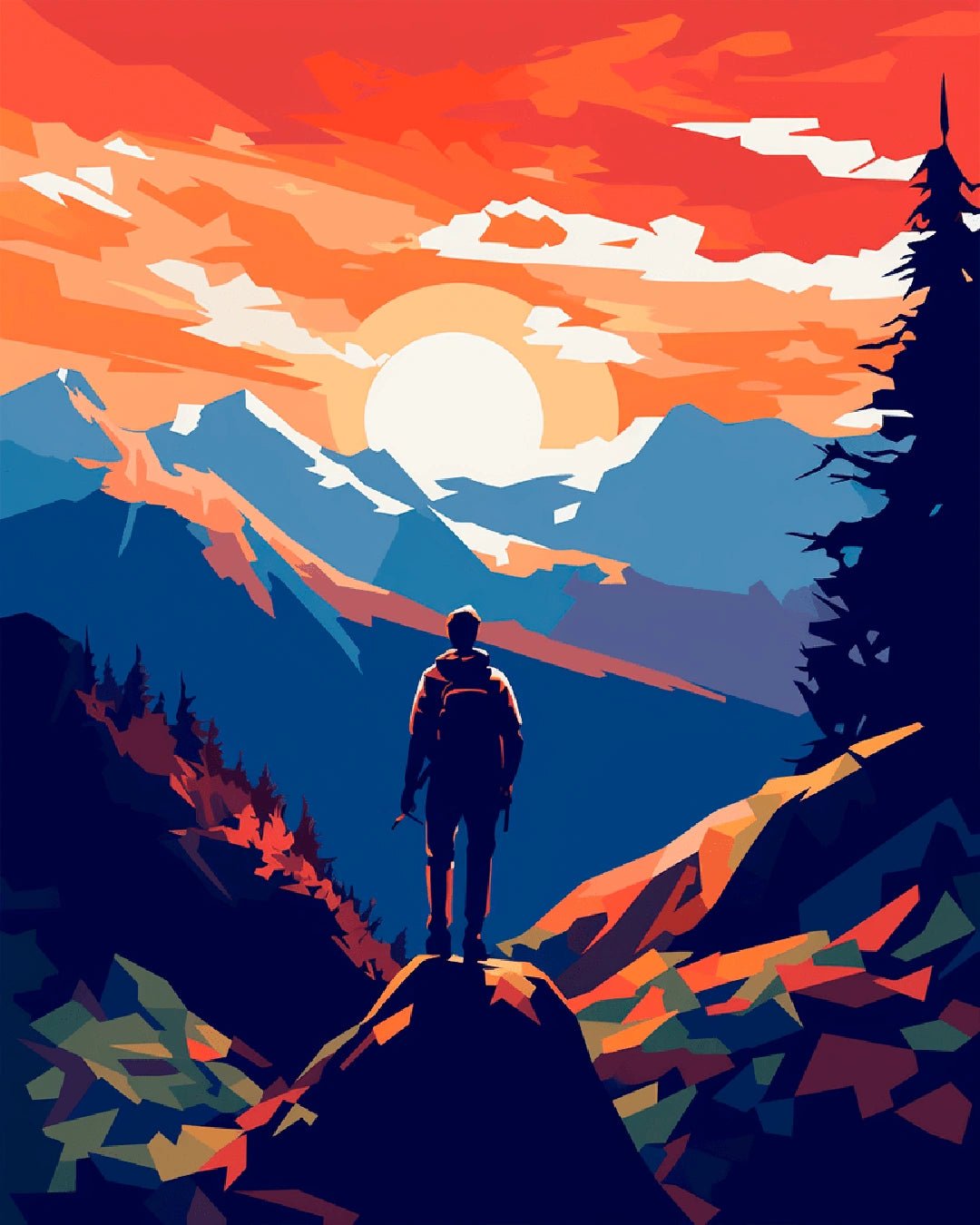 Hiking paint by numbers kit canvas painting showing lone hiker on mountain summit at sunset