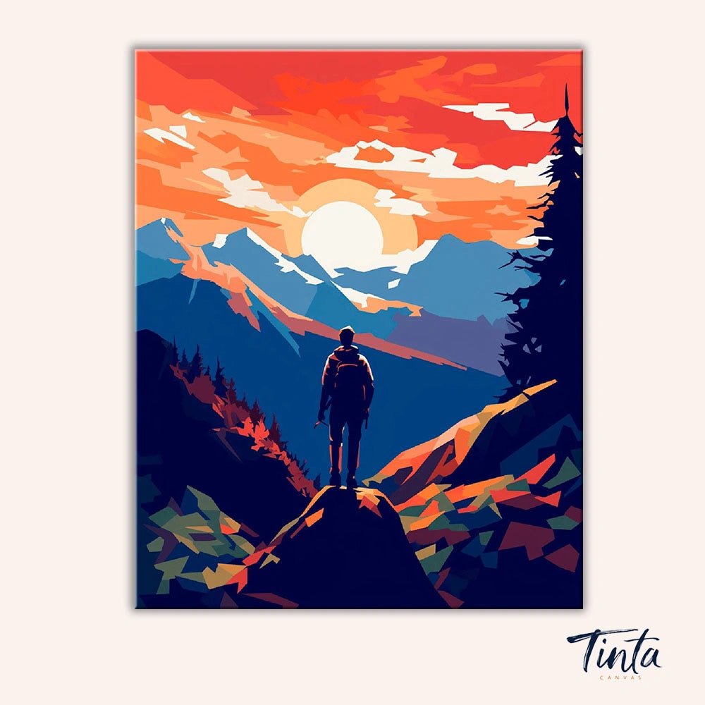 Clean artwork of the Summit View paint by numbers kit featuring a hiker overlooking layered mountains and a glowing sunset by Tinta Canvas