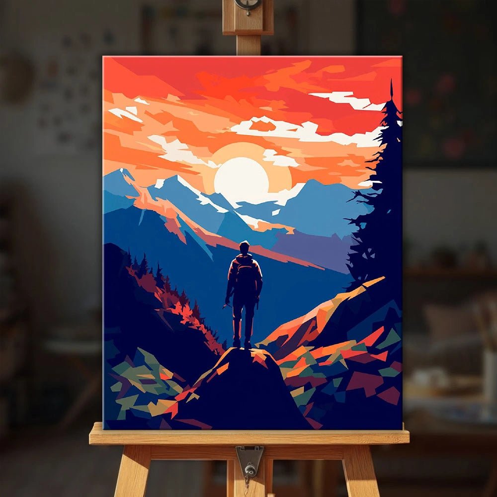 Summit View paint by numbers kit displayed on an easel showing a silhouette hiker watching the sunset over mountain peaks by Tinta Canvas