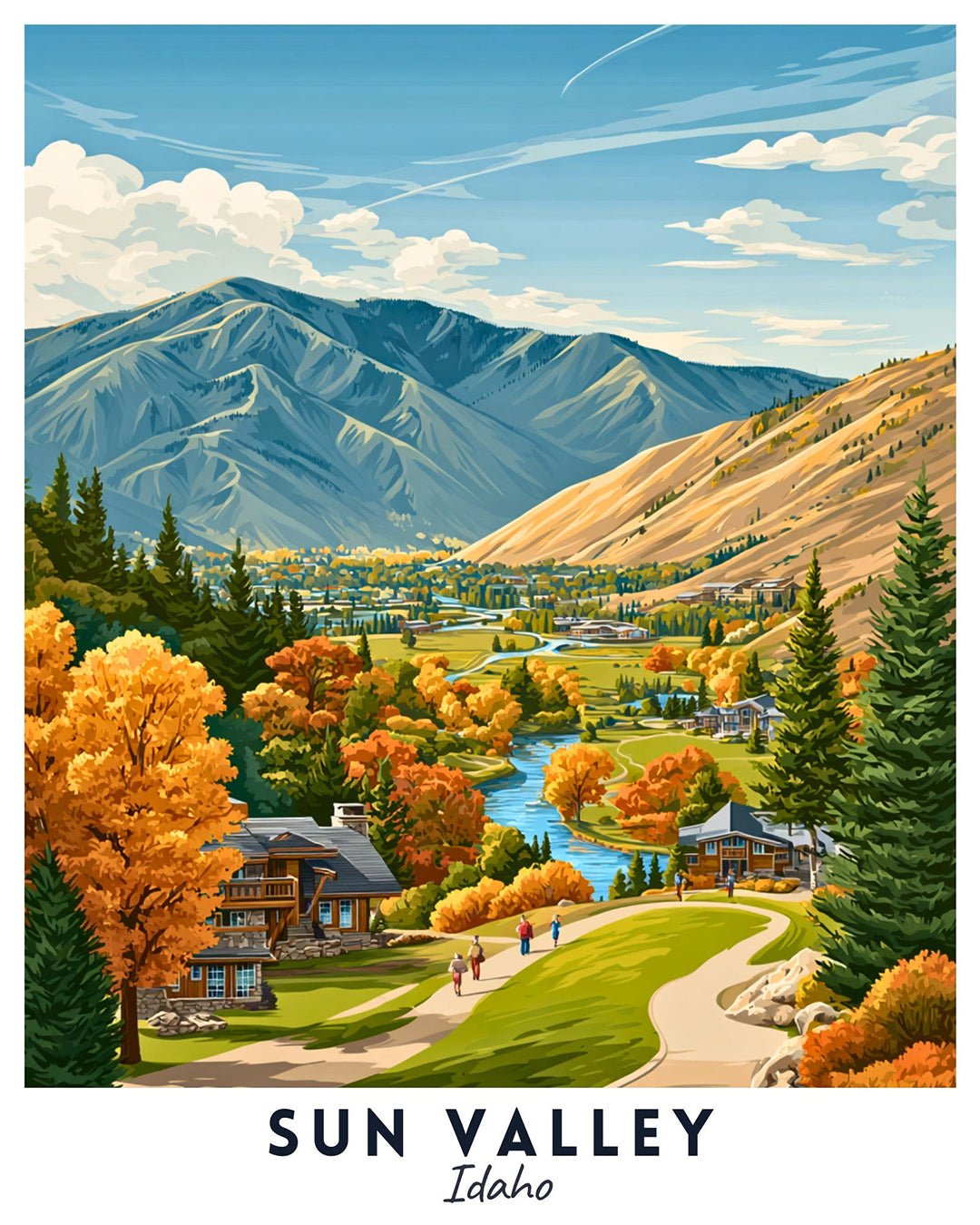 Sun Valley Idaho paint by numbers canvas showing mountain slopes, winding river, fall foliage, and peaceful valley scenery