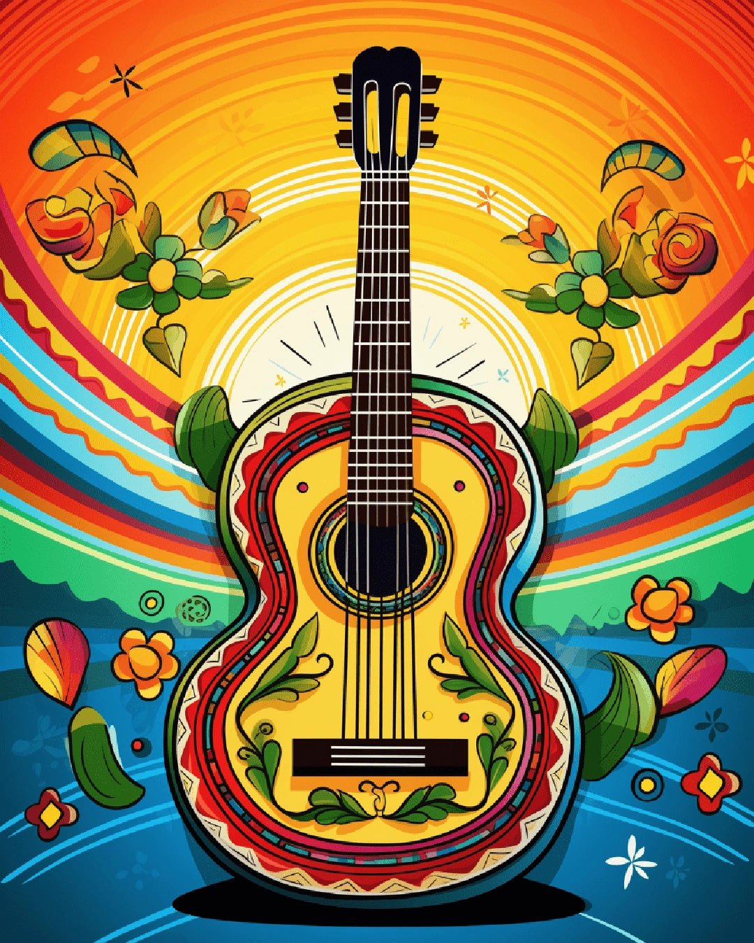 Paint by numbers kit painting for adults featuring a colorful guitar painting masterpiece inspired by music and rhythm